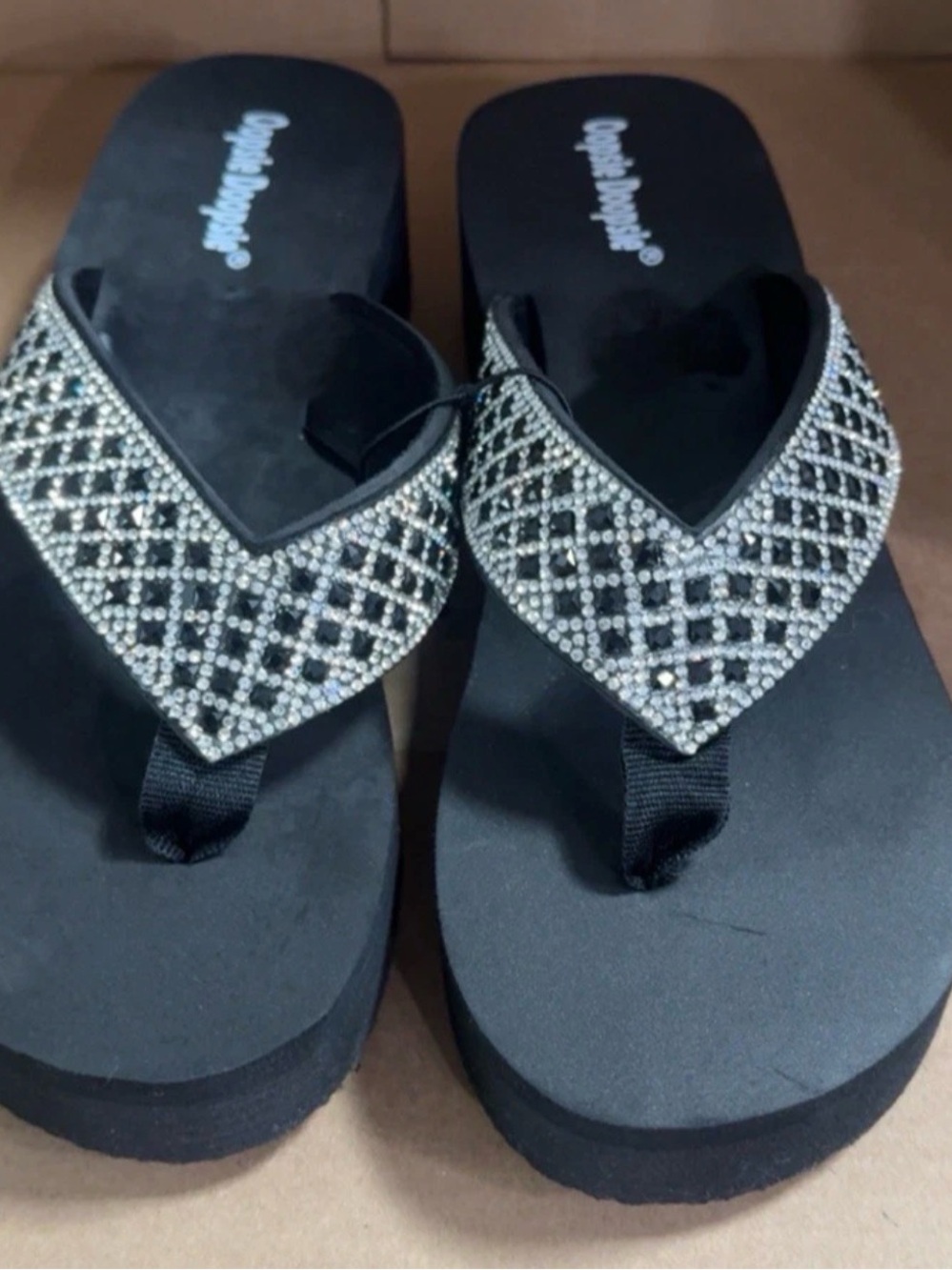 Beaded Black Wedge Thong Sandals with Sparkle Accent